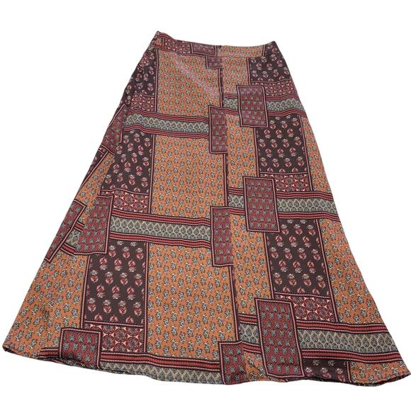 Sara Navon Skirt Womens XS Brown Orange Boho Patchwork A-Line Lined Midi Floral - Picture 2 of 7